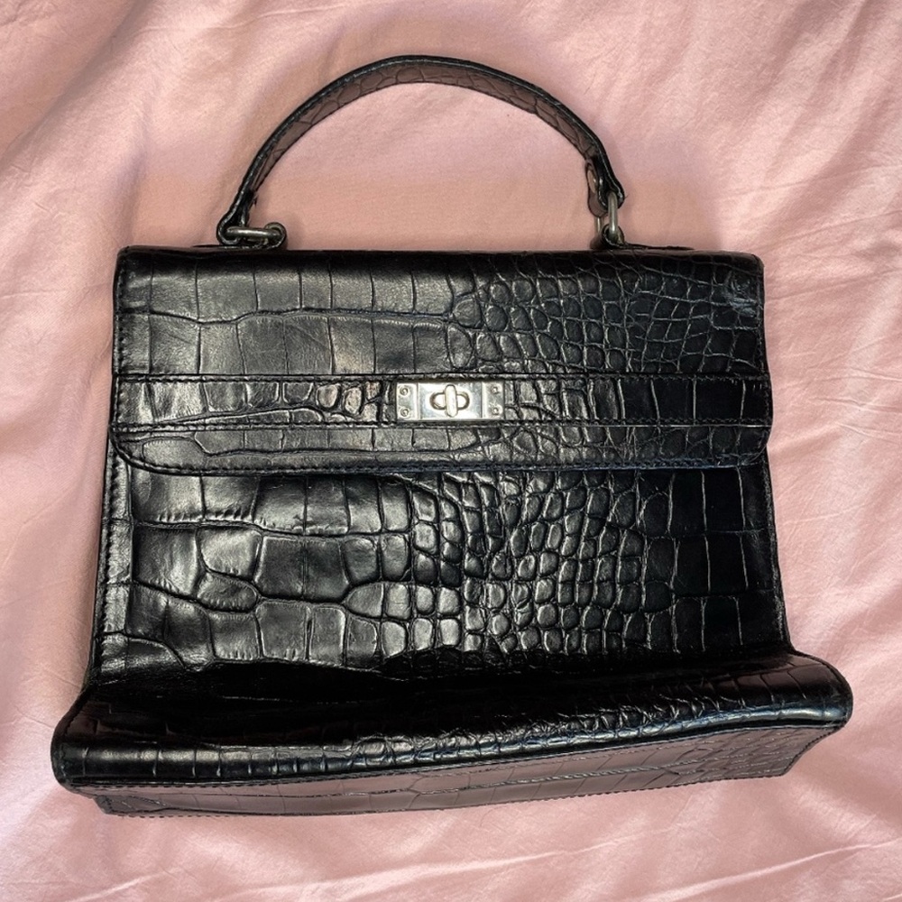 Valerie Stevens Black Crocodile-Embossed Satchel